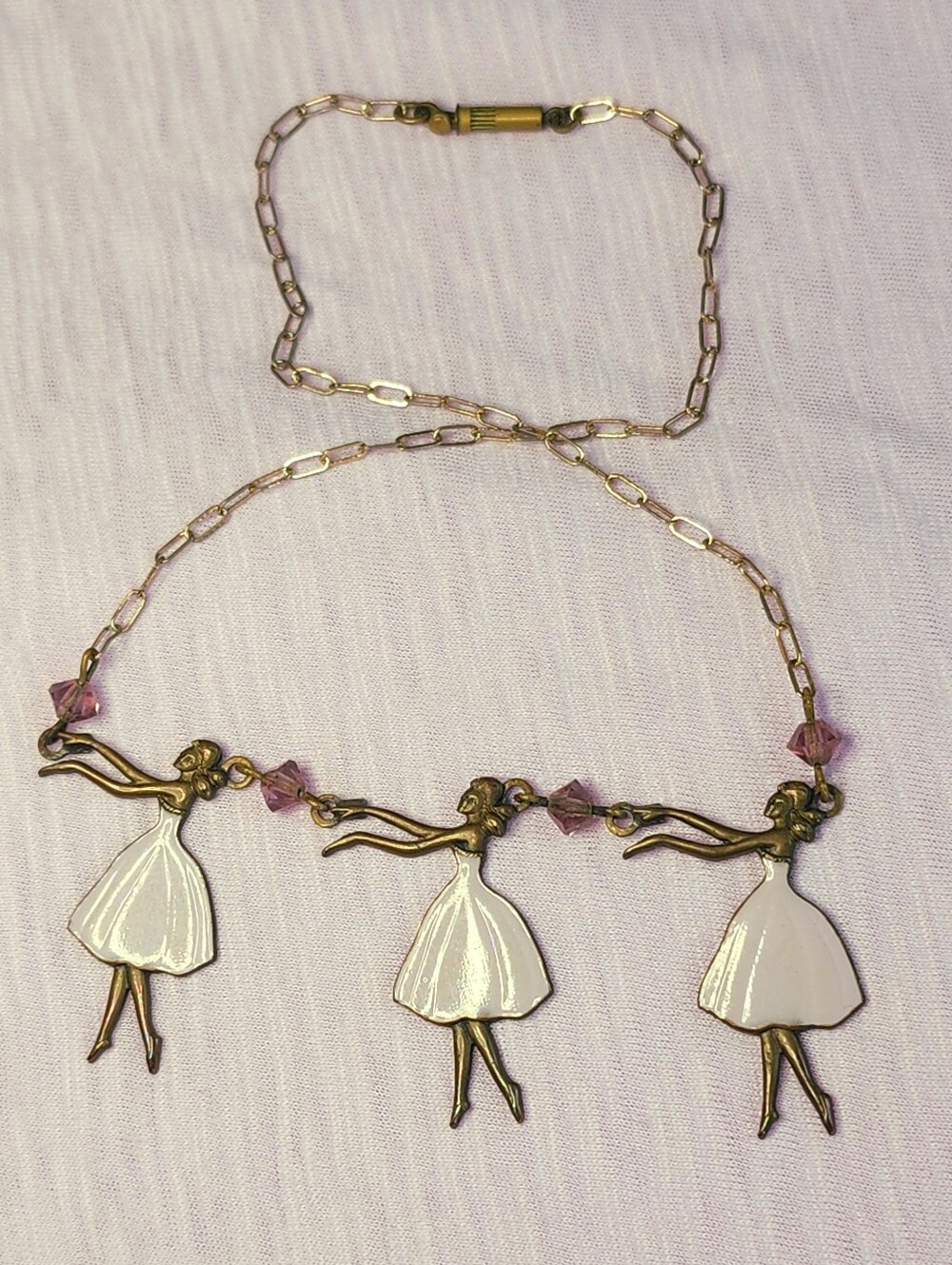 VTG 70s Pididdly Links Kingston NY Pink Ballerina Trio Bib Necklace Art Deco 15"